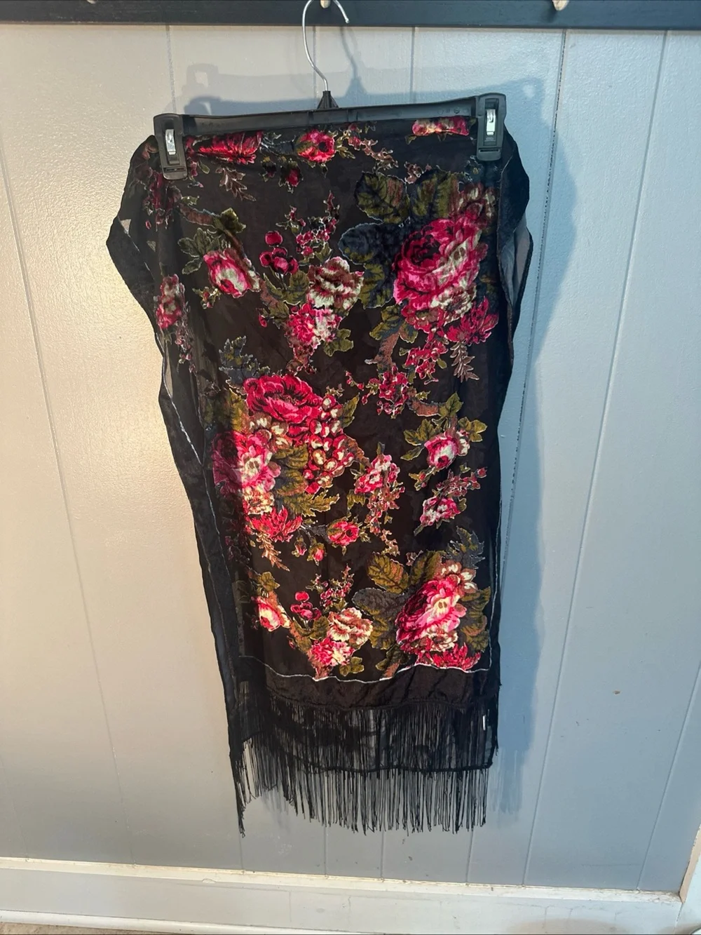 Vintage Black Velvet Burnout Floral Fringe Scarf with Pink and Green Roses
